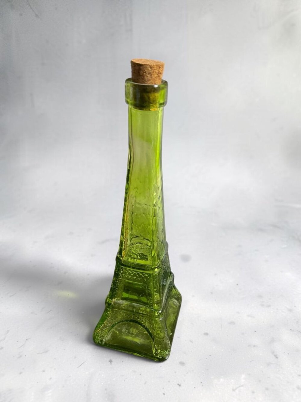 Eiffel Tower Shaped Green Glass Bottle With Cork Decorative Collectible